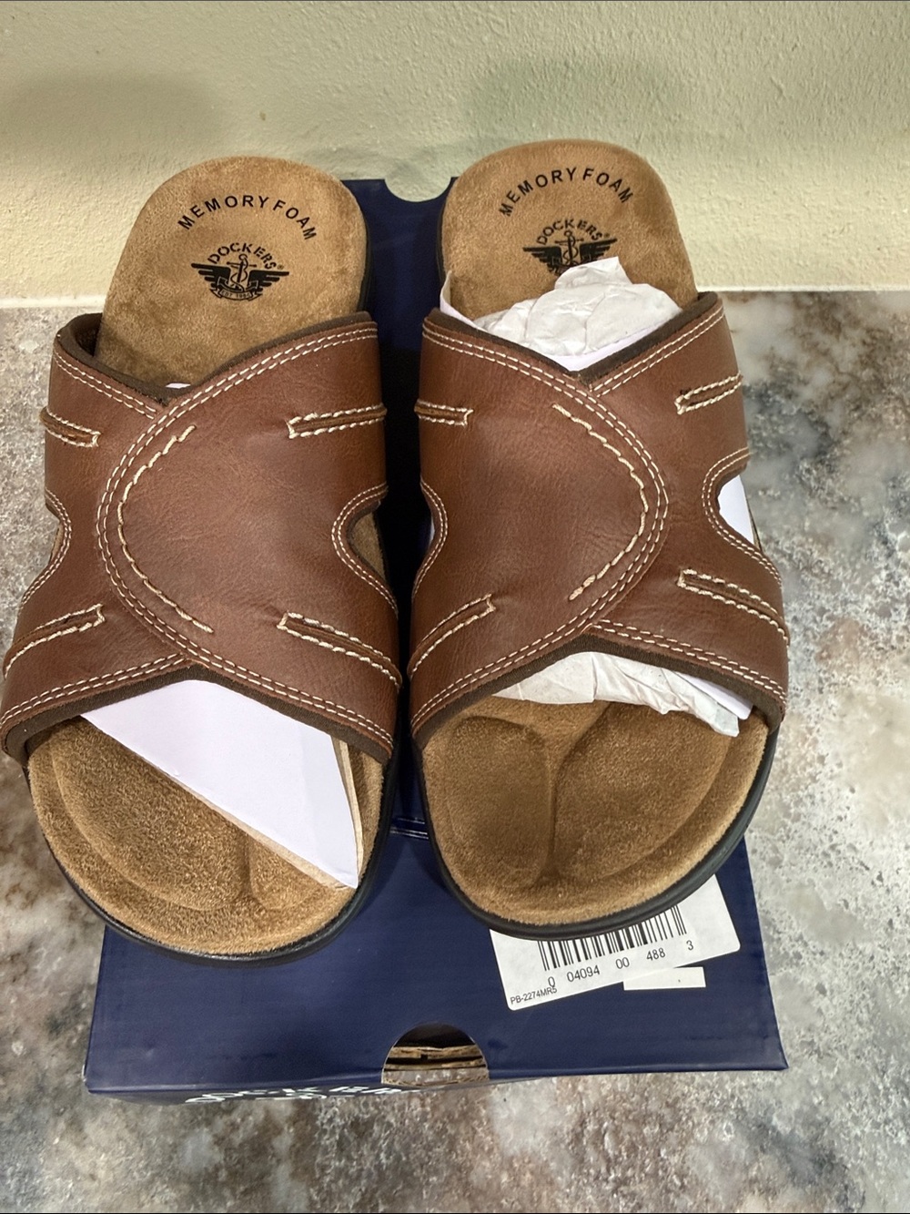 Dockers Men’s Brown Leather Cross-Strap Slide Sandals